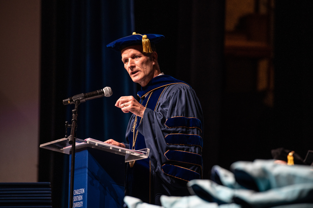 Charleston Southern University President Dondi Costin speaks during a graduation ceremony. (Photo/Provided)