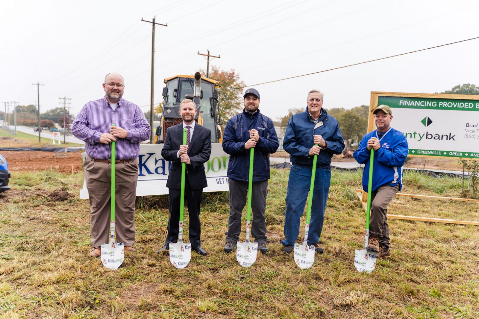 Mark Hopper, Greer City Council member; Brad Cantrell, vice president and SBA business development officer of Countybank; Tom Hyll, president of Katazoom; Greer Mayor Rick Danner; and Kevin Cushman, owner of Cushman Millen Construction (left to right), were present for the groundbreaking. (Photo/Provided)