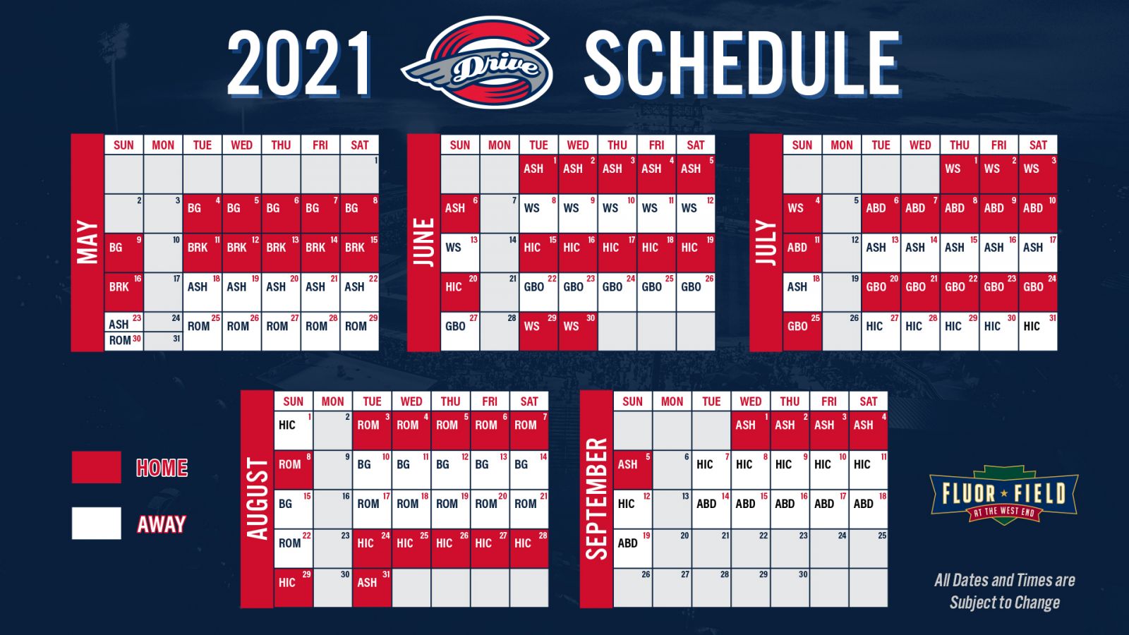 The Greenville Drive's season will include 120 games with an equal amount of home and away matches. (Graphic/Provided)