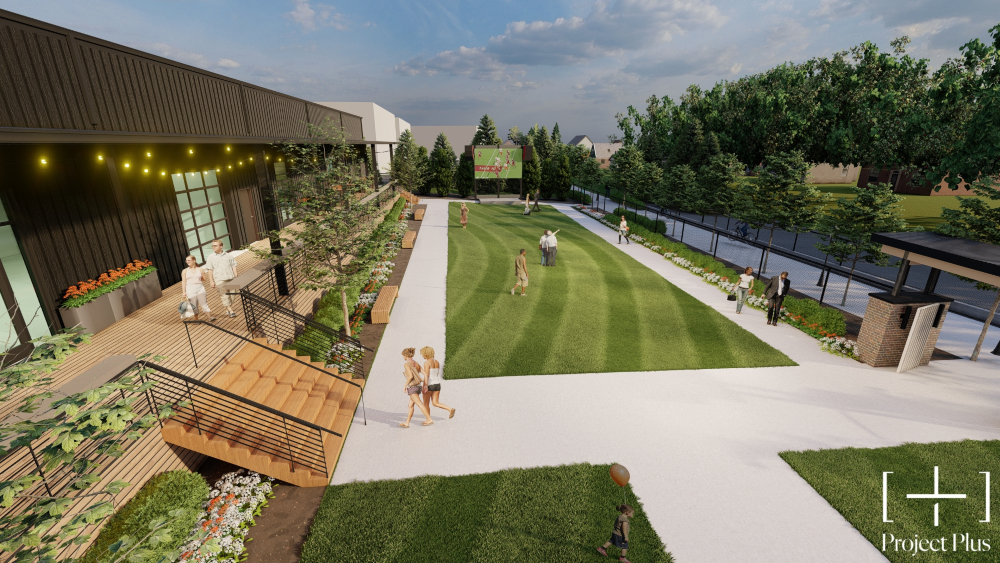 As the focal point of City Center Village, the Parker Group will redevelop a 20,000-square-foot industrial warehouse into ‰ÛÏThe Pickle Yard,‰Û_x009d_ which will feature pickleball courts as its primary attraction. (Rendering/Provided)