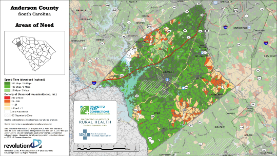 Map produced by Palmetto Cre Connections, the S.C. Office of Rural Health and S.C. Hospital Association shows broadband accessibility across Anderson County. (Photo/Provided)