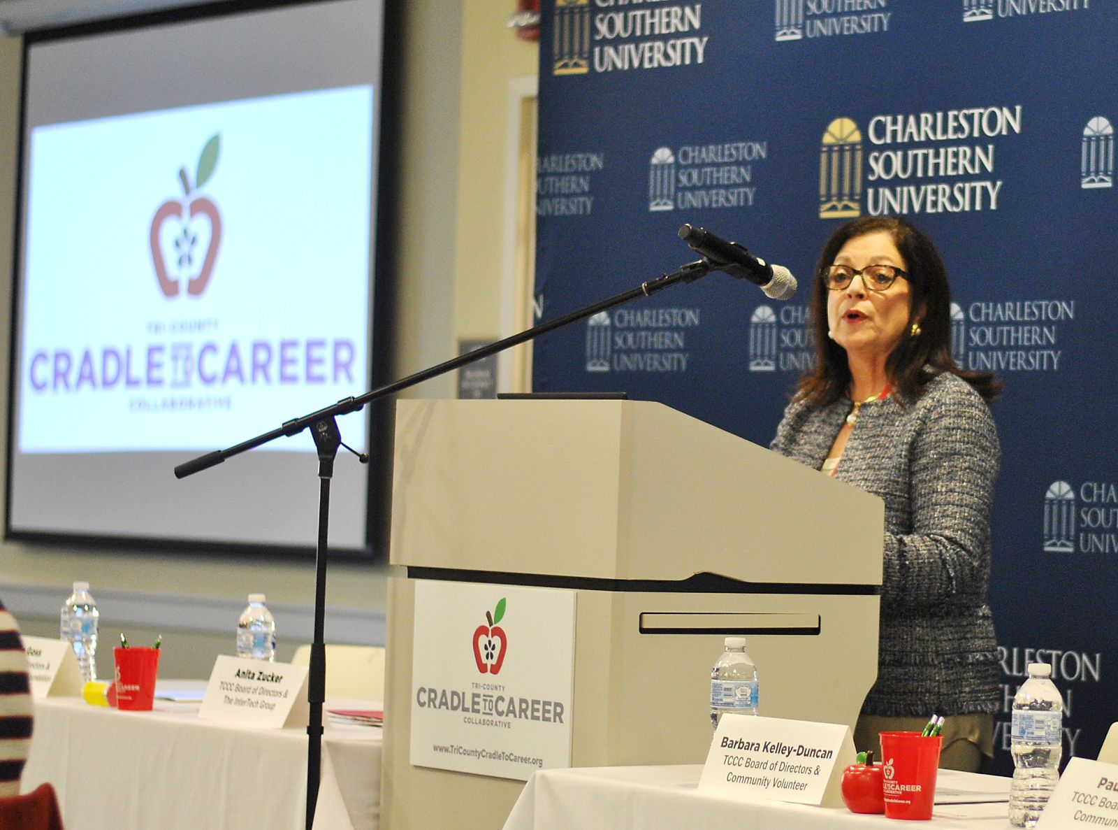 Tri-County Cradle to Career Collaborative board member Anita Zucker discusses how the education system in the Lowcountry could be changed to provide better outcomes for all students. (Photo/Ryan Wilcox)