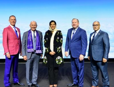 Tony Douglas, CEO of Riyadh Air; Dave Calhoun, president and CEO of The Boeing Co.; Her Royal Highness Princess Reema, ambassador of the Kingdom of Saudi Arabia to the United States; Stan Deal, president and CEO of Boeing Commercial Airplanes; and Saudia CEO Capt. Ibrahim Koshy celebrate a deal intended to boost tourism for Saudi Arabia. (Photo/Boeing)