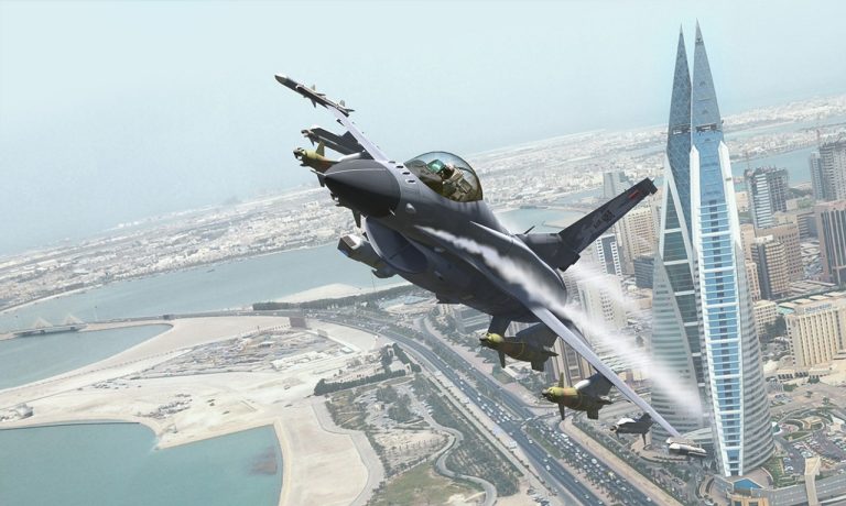 F-16 Fighting Falcon jets fly over Bahrain in a rendering. (Photo/Provided)
