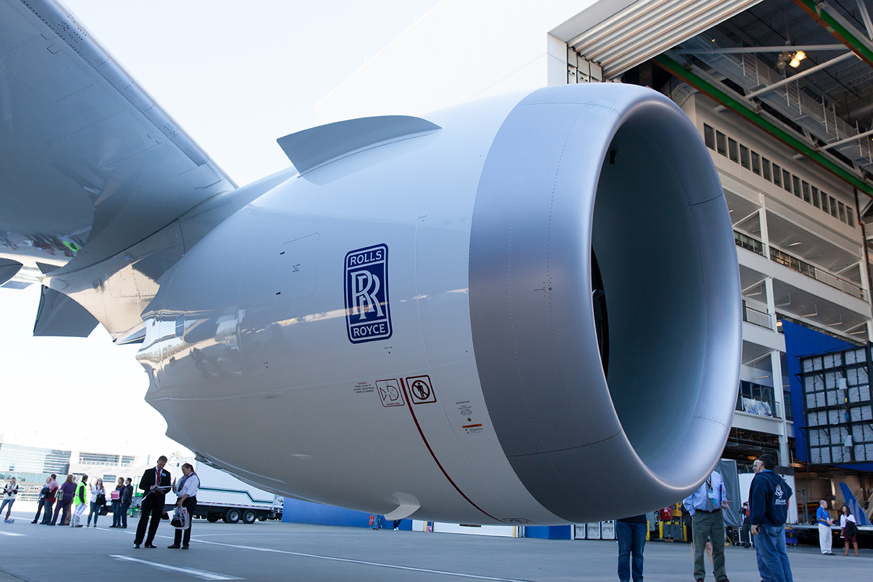 A Boeing 787-10 Dreamliner aircraft at Boeing S.C.‰ŰŞs final assembly facility in North Charleston has a Rolls-Royce engine affixed to the plane. Boeing assembles three aircraft in South Carolina, the 787-8, 787-9, and the largest of the three, the 787-10. (Photo/Kim McManus)