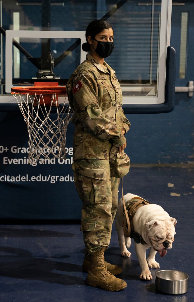 Cadet Sienna Gonzalez, a sophomore biology major, said being one of six members of the Mascot Handling Team is an honor among the Corps of Cadets. (Photo/The Citadel)