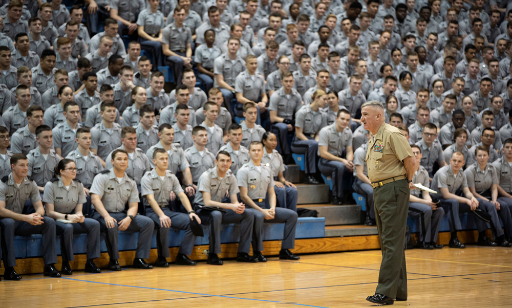 Gen. Glenn M. Walters, president at The Citadel, talks to cadets about the COVID-19 virus on March 10 prior to the college??s spring furlough. (Photo/Provided)
