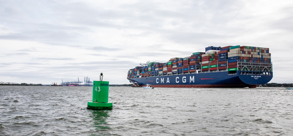 The CMA CGM Brazil carried some of the thousands of containers that moved through the Port of Charleston's terminals in September. (Photo/Kim McManus)