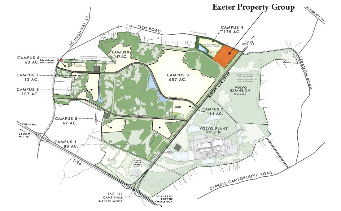 Exeter Property Group??s speculative buildings will sit on Camp Hall??s Campus 4 near the intersection of Fish Road and Volvo Car Drive. (Map/Provided)