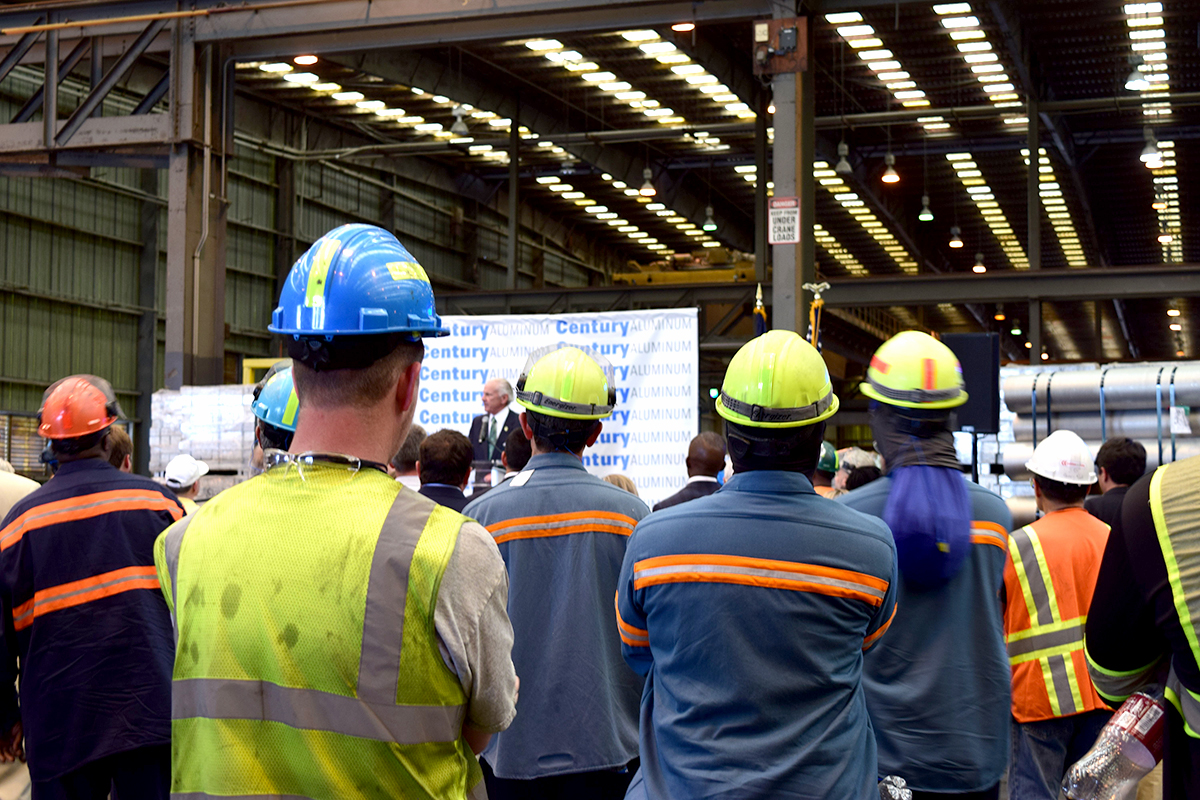 Century Aluminum workers listen to Gov. Henry McMaster talk about the future of their company during an event at the Mt. Holly Commerce Park in Berkeley County. (Photo/Teri Errico Griffis)