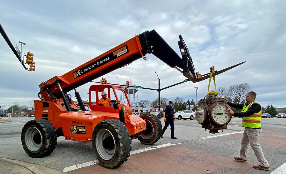 The Greer Station Clock was removed earlier this week for refurbishing. (Photo/city of Greer)