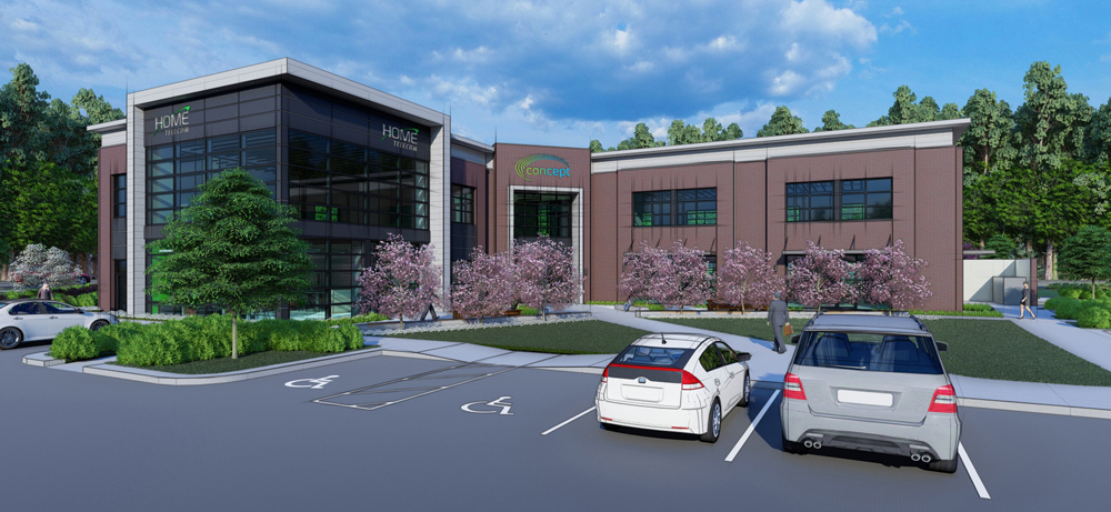 Home Telecom is building a 20,000-square-foot, two-story office building and customer service center at CoOp@Nexton that will include 8,000 square feet of shared office space or concept offices for small and startup businesses. (Rendering/The Middleton Group)