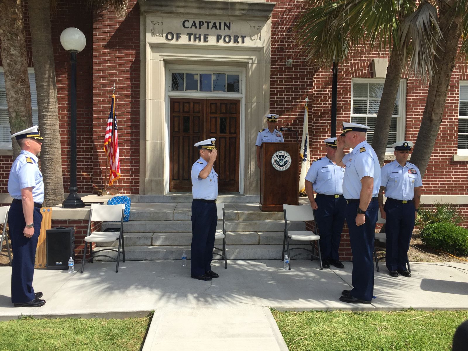 Coast Guard Sector Charleston held a change of command ceremony Tuesday during which Capt. John Reed (right) transferred command to Capt. John Cole. (Photo/Lt. j.g. Phillip VanderWeit for the Coast Guard)