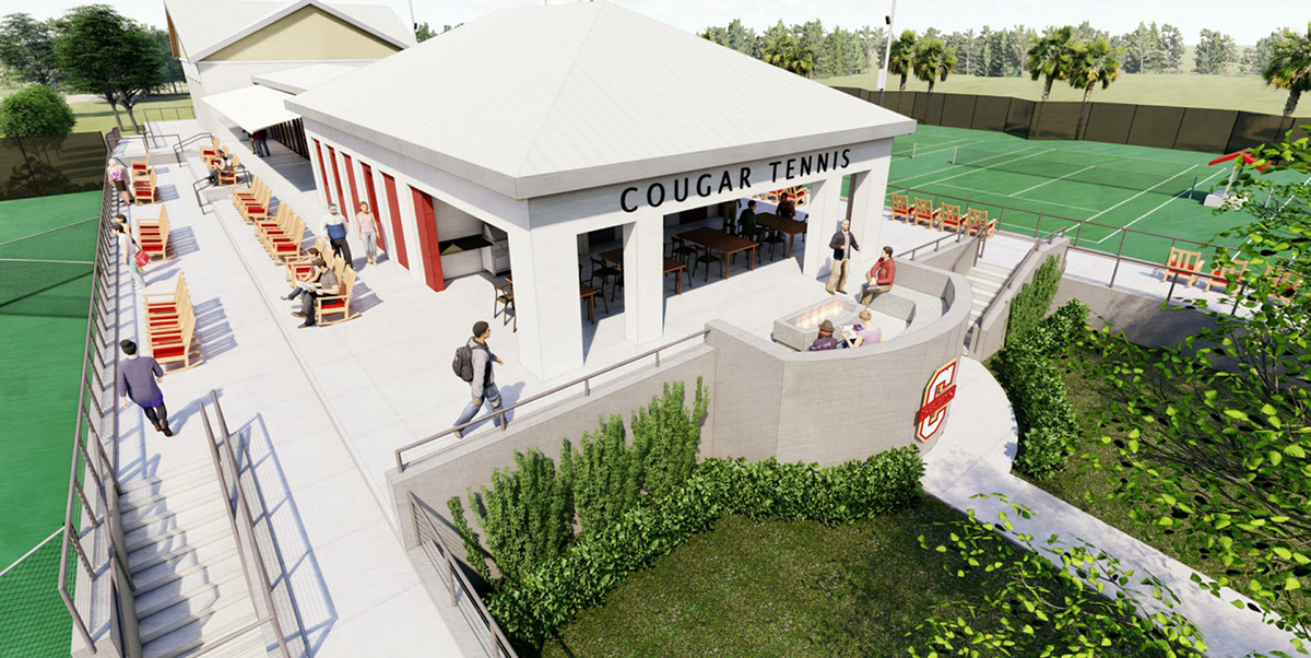 The new tennis complex will include a remote training facility, lounge area and a back porch with an outdoor kitchen and fire pit. (Rendering/McMillan Pazdan Smith Architecture)
