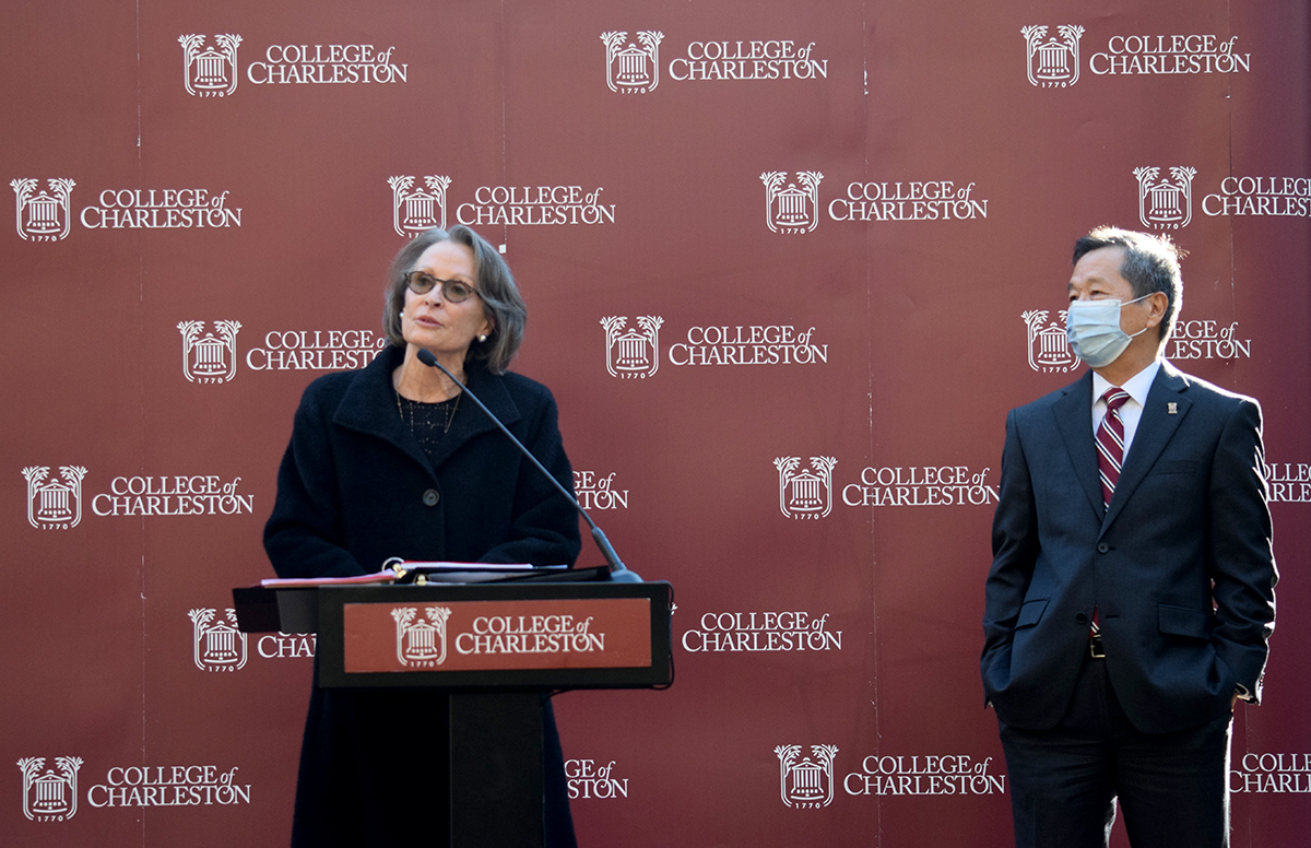 College of Charleston Executive Vice President for Academic Affairs and Provost Suzanne Austin and President Andrew T. Hsu stood before faculty and community members Jan. 27 as they announced CofC‰Ûªs new School of Health Sciences. (Photo/Teri Errico Griffis)