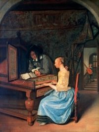 A woman plays a harpsichord in a painting by Jan Steen. (Photo/Canva)