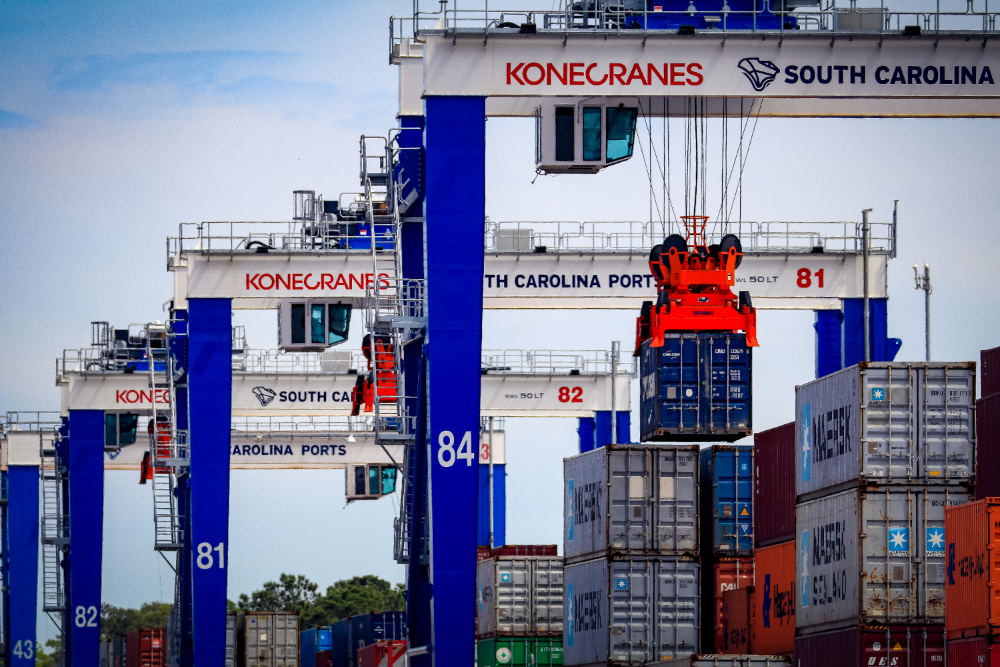 Photo: Rubber tire gantry cranes sort cargo at the Wando Welch Terminal. (Photo/English Purcell)