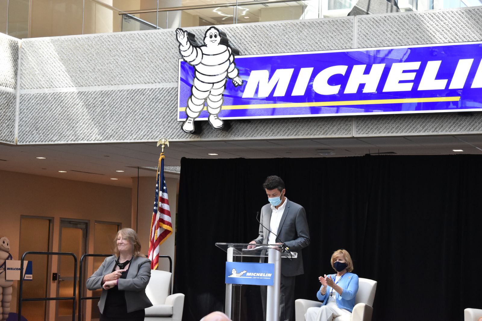 Michelin President Alexis Garcin announces the tiremaker's donation of 50,000 masks following a speech by S.C. Superintendent of Education Molly Spearman. (Photo/Molly Hulsey)