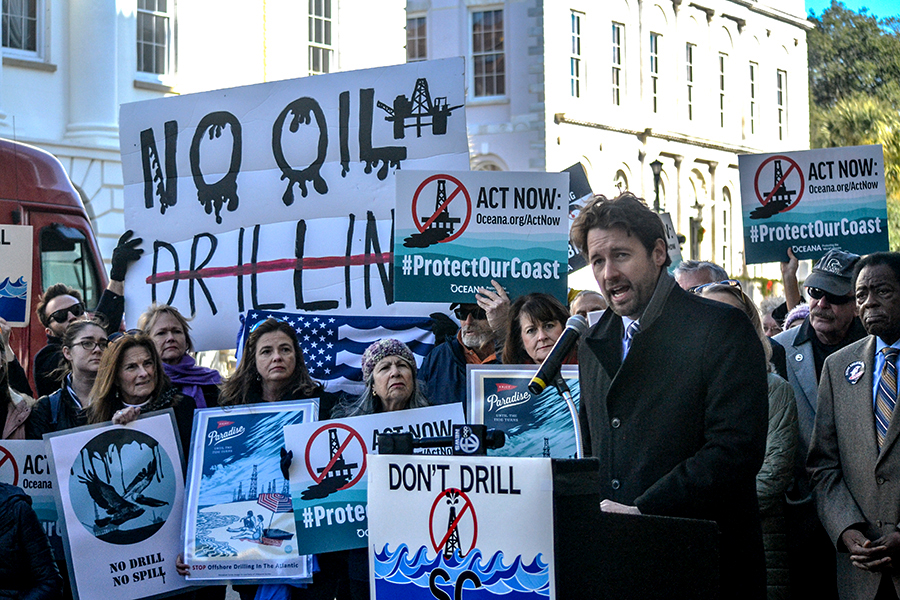U.S. Rep.-elect Joe Cunningham, D-Charleston, said he plans to file a federal bill to ban offshore drilling along the East Coast. Cunningham spoke during a news conference Tuesday on Broad Street. (Photo/Liz Segrist)