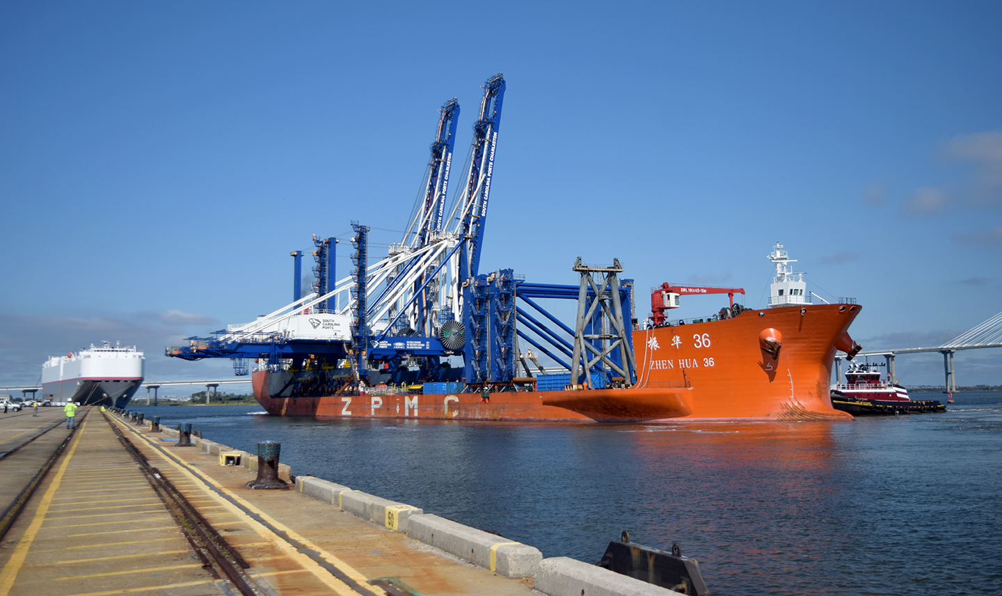 Five new cranes arrived in Charleston on Monday to be reconfigured, outfitted and reconnect to servce the Hugh K. Leatherman Sr. Terminal, which is expected to open in March. (Photo/Teri Errico Griffis)