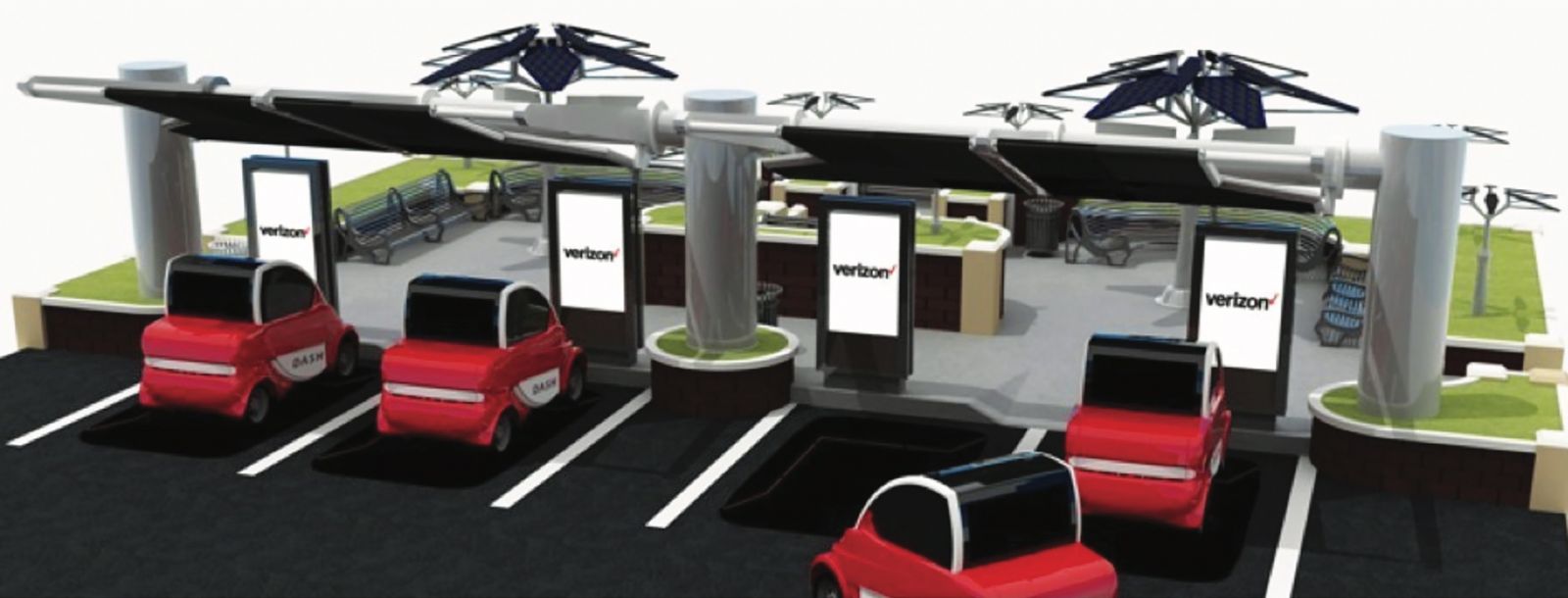 InnovaEV‰Ûªs ZEV charging stations are powered by wind and solar power, as depicted in this 2015 rendering. (Rendering/Provided)