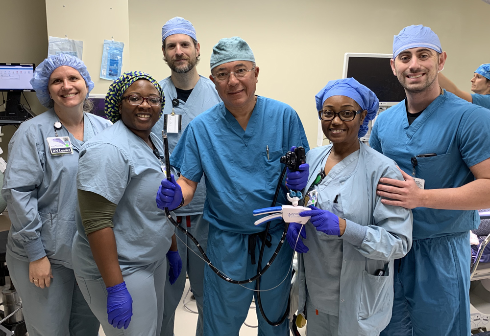 Bariatric coordinator Karen Evanosky, endoscopy technician Candace Gailliard, operating room circulator Mike Boger, Dr. Morris Washington, endoscopy technician Michele Ford and physician assistant Jared Umland participated in East Cooper Medical Center??s first endoscopic sleeve gastroplasty. Washington is holding an endoscope used for the procedure. (Photo/Provided)