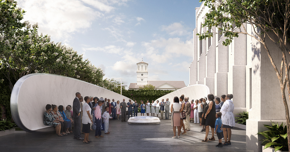 The Emanuel Nine Memorial will include a courtyard with two benches, an altar and a marble fountain where the names of the nine victims will be carved. (Rendering/Handel Architects)