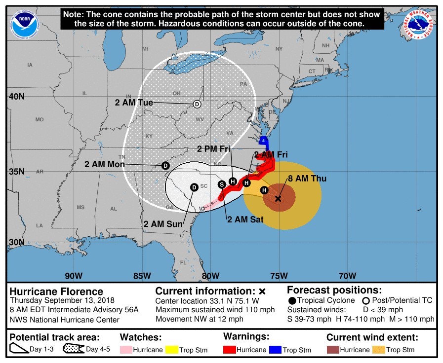 Florence's projected path as of 8 a.m. Thursday. (Image/National Hurricane Center)