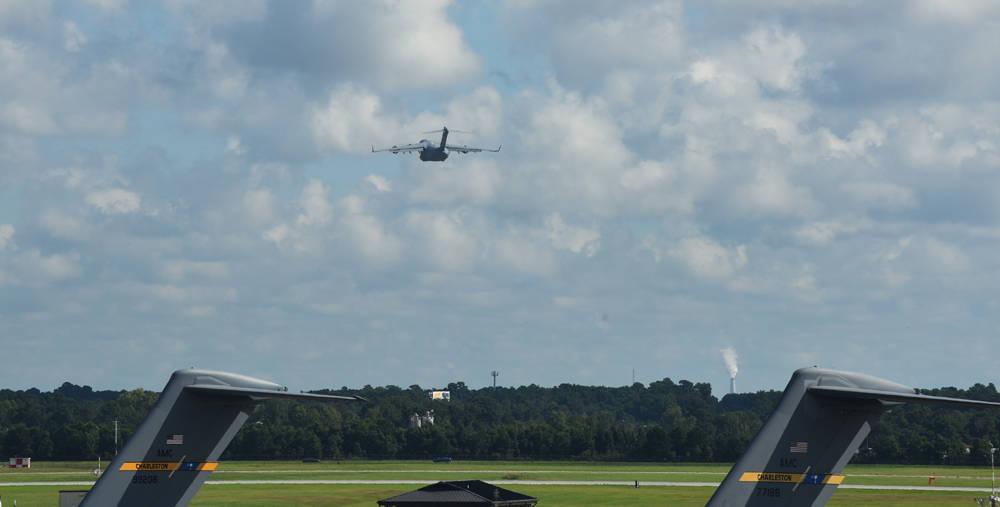 A C-17 Globemaster III takes off as part of the Hurricane Florence evacuation at Joint Base Charleston. The Joint Base Charleston commander issued a limited evacuation order to safeguard personnel and equipment from the effects of the storm. (Photo/Airman 1st Class Danielle Sukhlall for the Air Force)