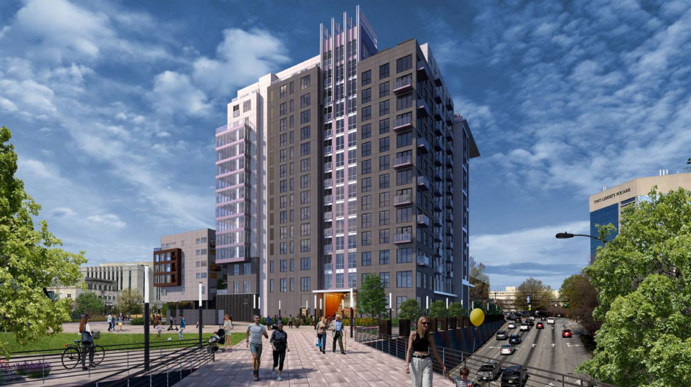 The project, which will consist of two interconnected towers featuring 294 residential apartments, restaurants and commercial space, creative studios, is now called Gracie Plaza at the Arena District. (Rendering/Johnson Design Group)