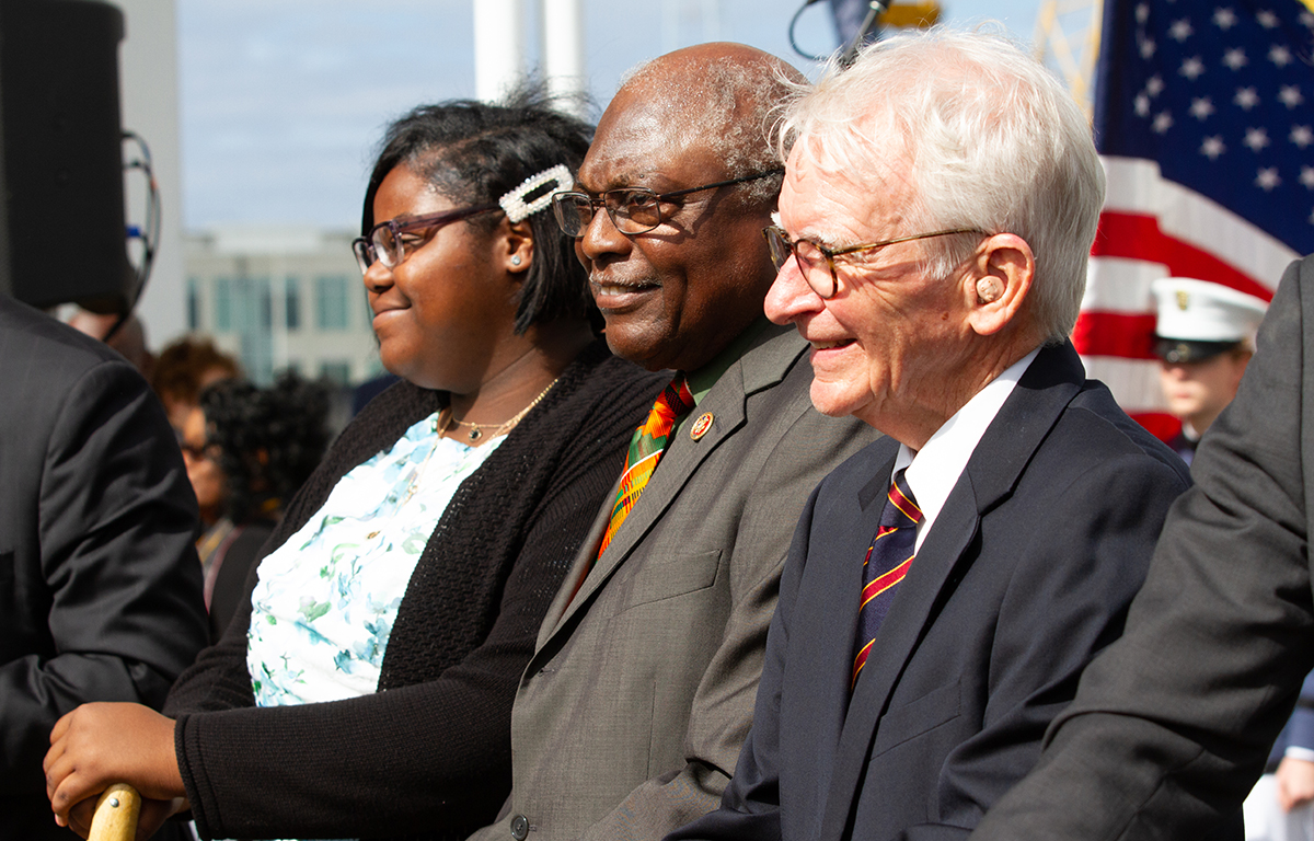 Syasia Coaxum (from left), Congressman Jim Clyburn and former Charleston Mayor Joe Riley all spoke during the groundbreaking ceremony for the International African American Museum in October 2019. (Photo/Kim McManus)