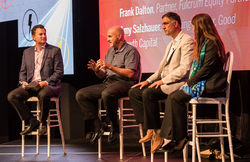 Alexander Chalmers (from left) of IronBridge Capital, Frank Dalton of Fulcrum Equity Partners, Paul Iaffaldano of BIP Capital and Amy Salzhauer of Good Growth Capital spoke at Dig South about pitching to investors. (Photo/Adam Chandler)