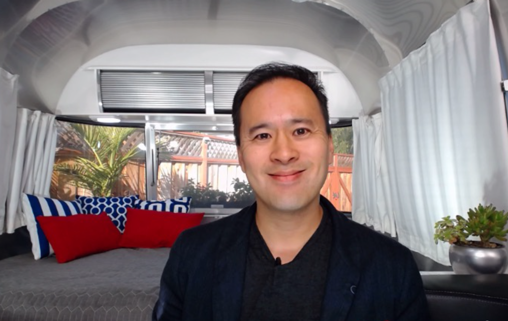 Jeremiah Owyang, an independent tech analyst in Silicon Valley, bought a 22-foot Airstream RV, parked it in his backyard and souped it up for video calls. (Photo/Jeremiah Owyang)