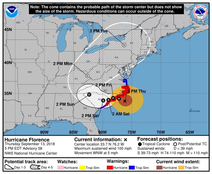 The projected path of Hurricane Florence as of 7 p.m. Thursday. (Image/National Hurricane Center)