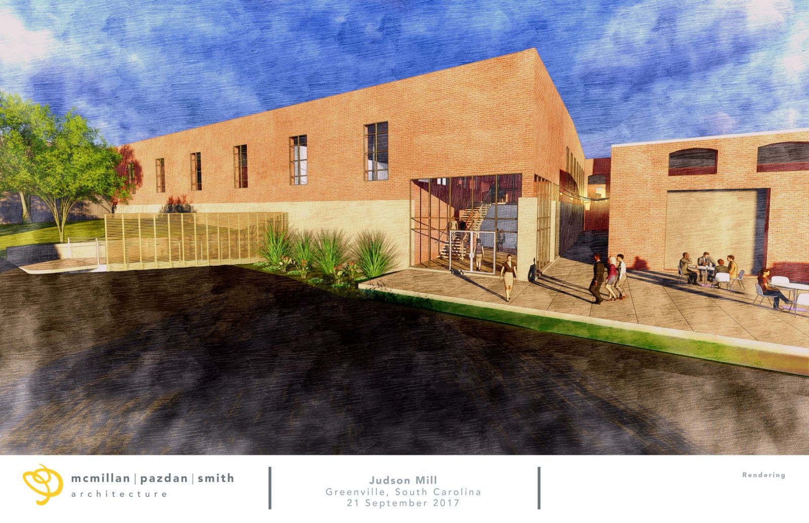 A 2017 rendering of the Judson Mill site portrays one of the entrances to the redevelopment complete with outdoor seating. (Rendering/Provided/File).