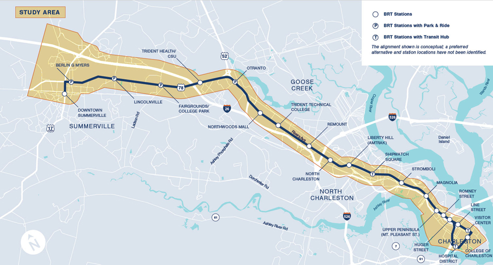 Lowcountry Rapid Transit is a proposed 26-mile bus rapid transit line that would connect Summerville, North Charleston and Charleston along the Rivers Avenue corridor. It is expected to open in late 2025. (Map/Berkeley-Charleston-Dorchester Council of Governments)