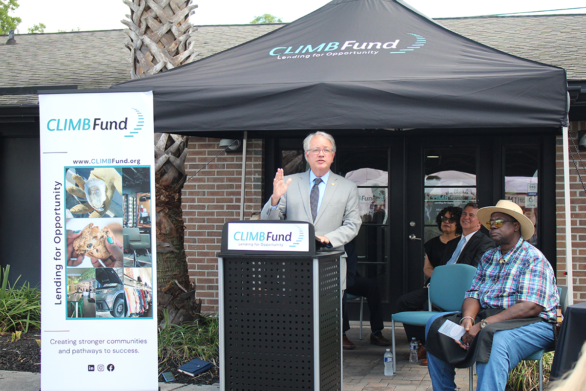 Charleston Mayor John Tecklenburg speaks to the crowd at the Climb Fund‰ŰŞs July 1 press conference, where leaders announced the nonprofit‰ŰŞs name change and expansion. (Photo/Alexandria Ng)