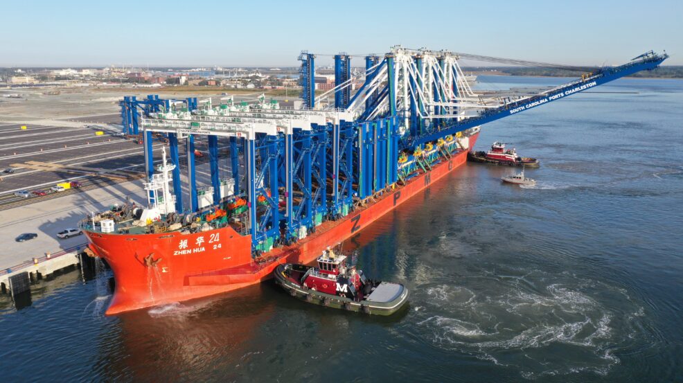 Ship-to-shore cranes arrived for the Hugh K. Leatherman Sr. Terminal, preparing for the planned March opening of the terminal.(Photo/Walter Lagarenne, S.C. Ports Authority)