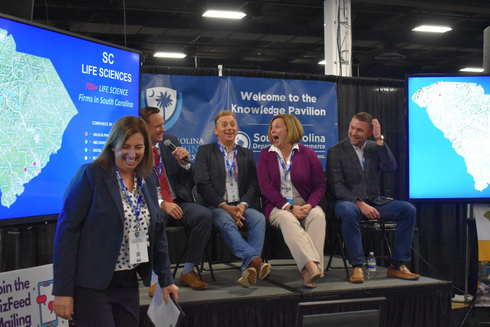 SCBIO's Erin Ford introduces Chappel, Stefanich, Young and Shirley on a life science panel Saturday at the S.C. Manufacturing Conference and Expo. (Photo/Molly Hulsey)