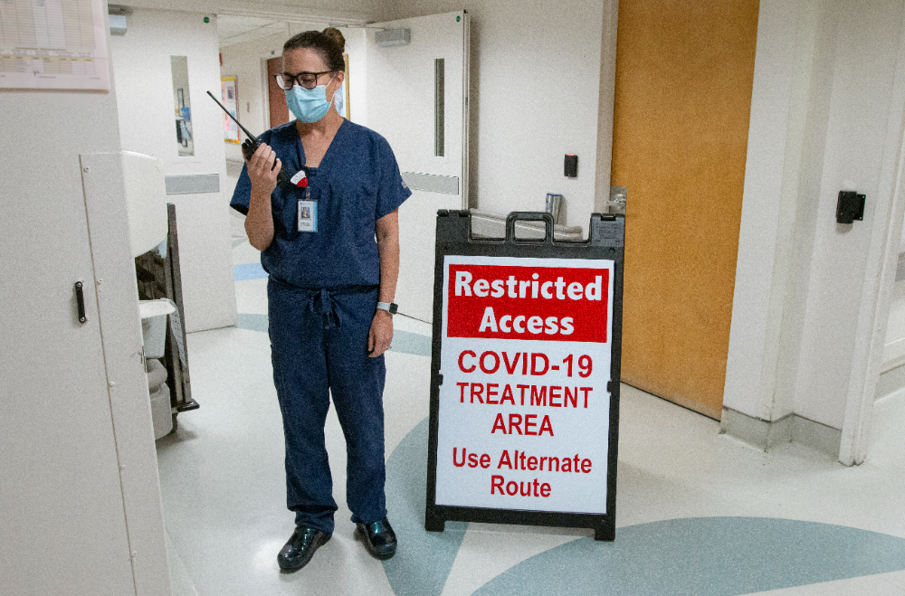 Dr. Stephanie Whitener waits for the all-clear to walk into the COVID-19 unit at MUSC's main hospital. The pandemic has put stress on doctors and nurses across S.C. (Photo/MUSC)