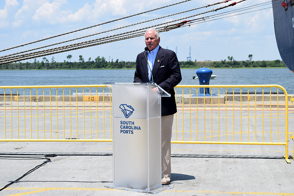 Gov. Henry McMaster talks about the importance of the Port of Charleston under the mooring lines of the CMA CGM Marco Polo, the largest containership to traverse the East Coast. (Photo/Teri Errico Griffis).