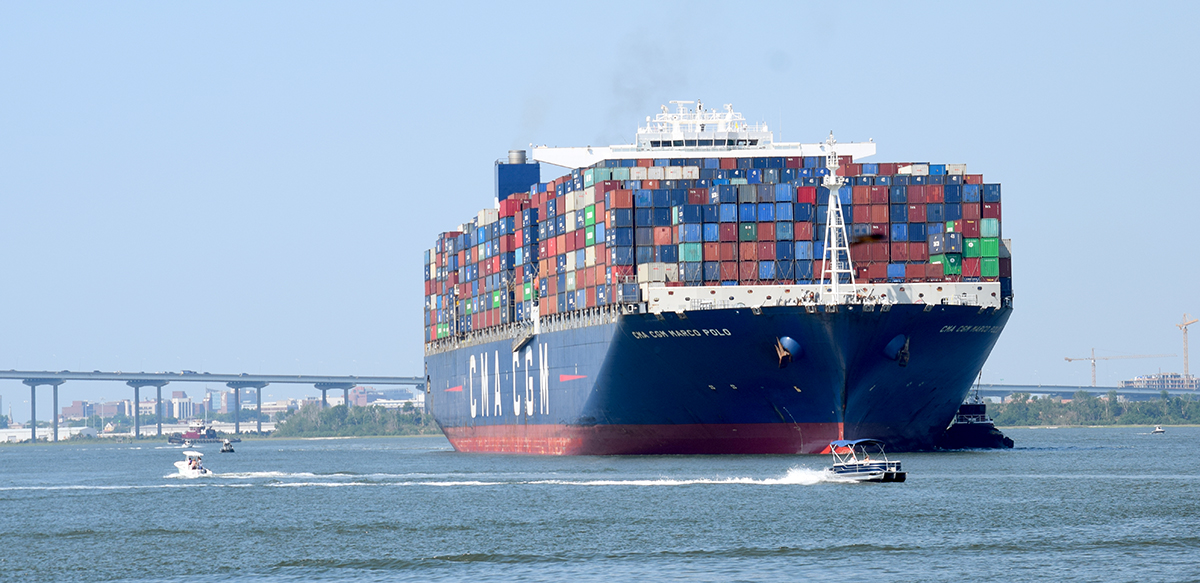 The CMA CGM Marco Polo sails into Charleston Harbor to dock at the Wando Welch Terminal in Mount Pleasant on Friday, May 28. (Photo/Teri Errico Griffis)