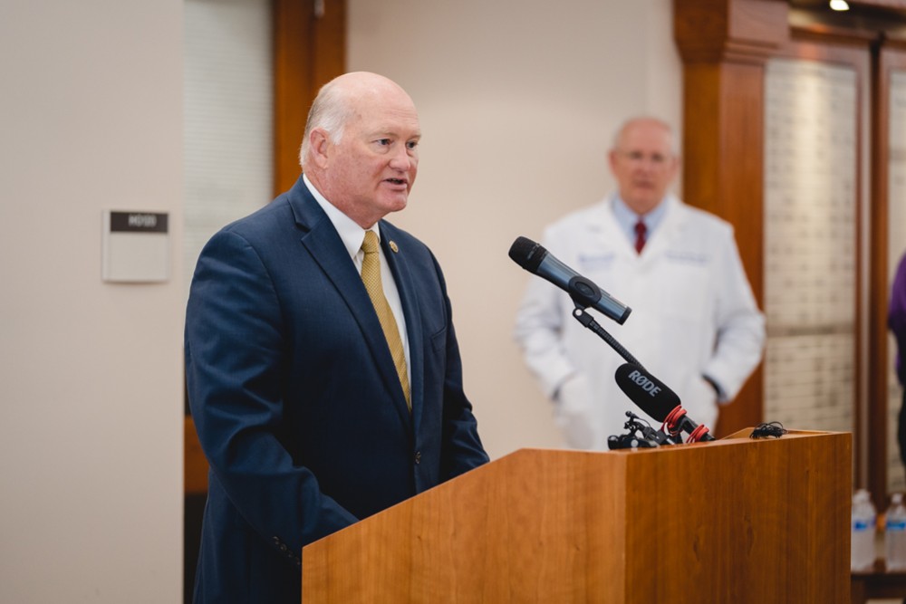 South Carolina Secretary of State Mark Hammond provided opening comments for a cancer settlement press conference Wednesday, at MUSC Hollings Cancer Center. (Photo/Provided)