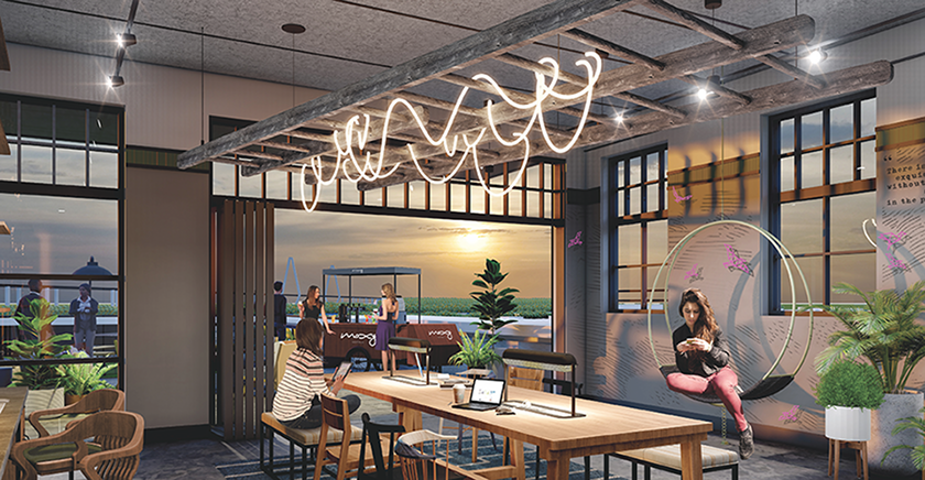 A rendering of the Moxy Hotel shows plans for the hotel's business center looking over the building's rooftop. (Image/Provided)