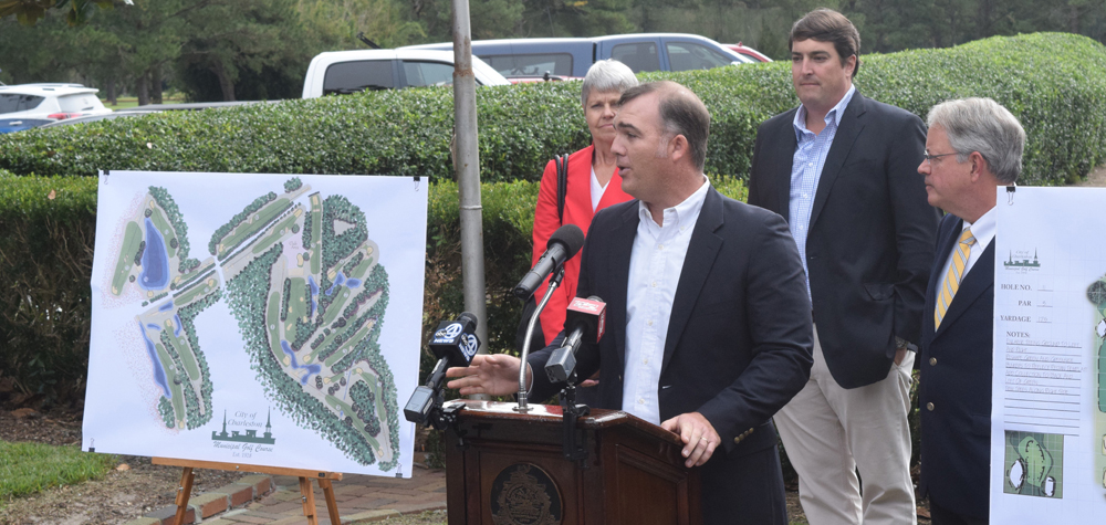 Golf course architect Troy Miller (speaking) created the renovation plans for the City of Charleston Golf Course, including improvements to the golf course??s drainage and reworking of some of the course??s features to make it more maintainable and playable for golfers of all skill levels. (Photo/Patrick Hoff)