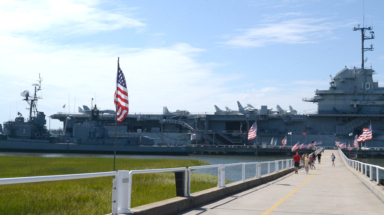 The aircraft carrier Yorktown at Patriots Point extends into the Cooper River. (Photo/file)