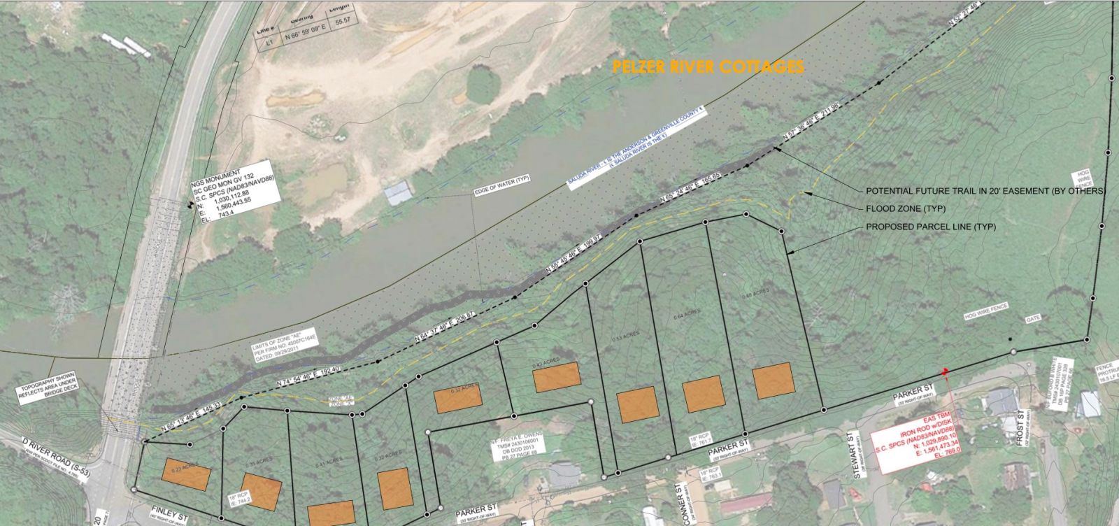 A conceptual site plan from Seamon Whiteside shows the 10-acre Pelzer River Cottage property with an easement along the river for a potential walking trail. (Rendering/Provided)