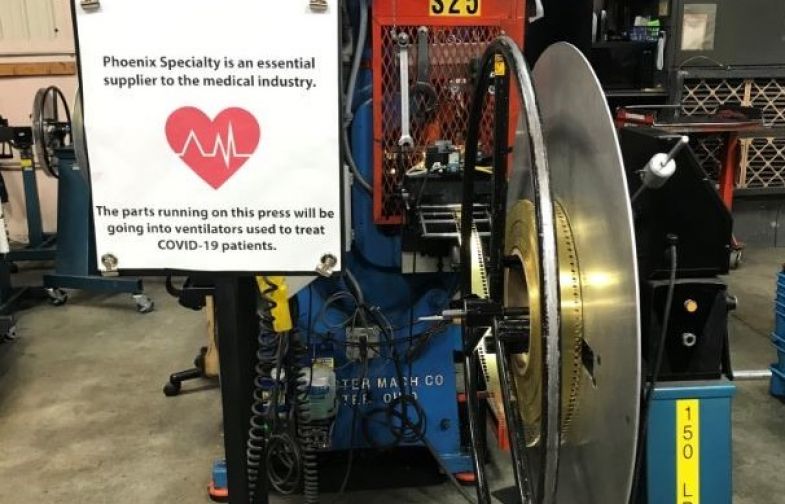 A sign at Phoenix Specialty Manufacturing in Bamberg informs employees that the company is making parts for ventilators to help in the fight against COVID-19. (Photo/Provided)