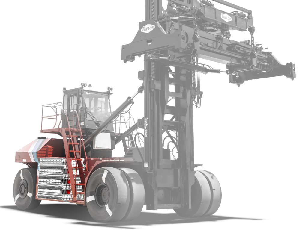 Proterra batteries will power Taylor Machine Works' line of ZH-series electric forklifts and ZLC-series top handler machines for ports. (Rendering/Provided)