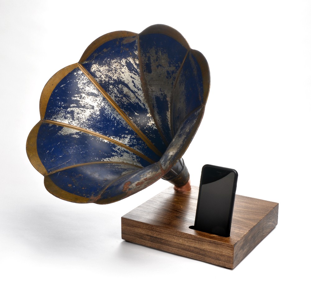 ReAcoustic's Ryan Boase fashions smartphone speakers from turn-of-the-century phonographs, gramophones and brass instruments. (Photo/Provided)